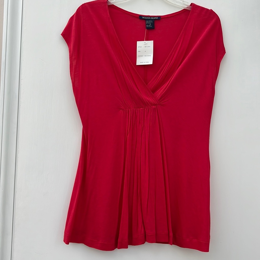 Boston Proper Red V neck Faux Wrap Flowy Cap Sleeve Lightweight Tee Soft Top